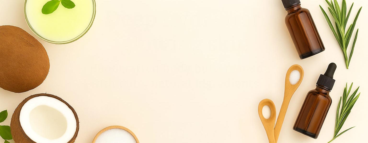 Cosmetic products including bottles, a dropper, and natural elements on a beige background for Conway Essentials